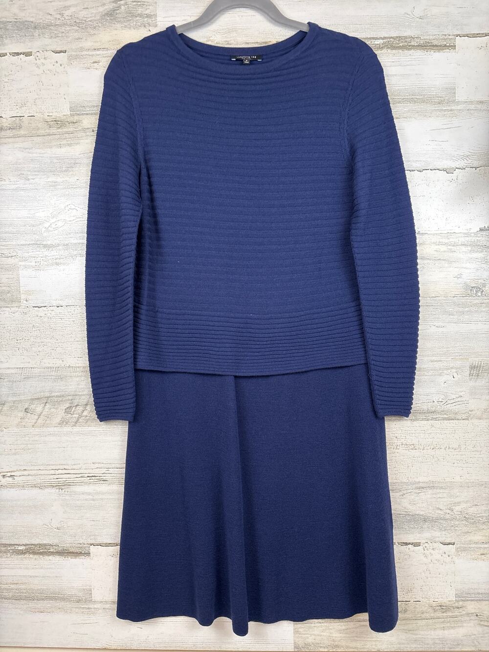 Lafayette 148 Womens M Petite Navy Wool Ribbed Bodice Midi Sweater Dress NEW
